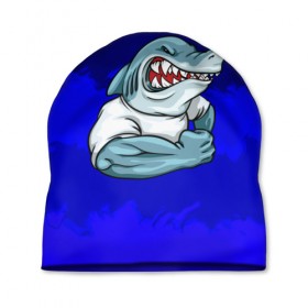 Шапка 3D с принтом aggressive shark в Новосибирске, 100% полиэстер | универсальный размер, печать по всей поверхности изделия | абстракция | акула | краски | синий | темносиний