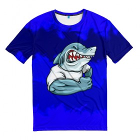 Мужская футболка 3D с принтом aggressive shark в Новосибирске, 100% полиэфир | прямой крой, круглый вырез горловины, длина до линии бедер | Тематика изображения на принте: абстракция | акула | краски | синий | темносиний
