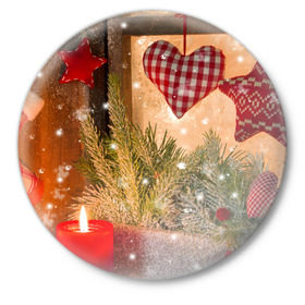 Значок с принтом Новогодняя сказка в Новосибирске,  металл | круглая форма, металлическая застежка в виде булавки | елка | мягкие игрушки | новый год снег | свеча | снежинки