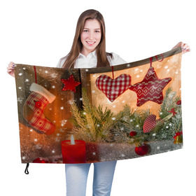 Флаг 3D с принтом Новогодняя сказка в Новосибирске, 100% полиэстер | плотность ткани — 95 г/м2, размер — 67 х 109 см. Принт наносится с одной стороны | елка | мягкие игрушки | новый год снег | свеча | снежинки