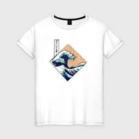 Женская футболка хлопок с принтом Большая волна в Канагаве в Новосибирске, 100% хлопок | прямой крой, круглый вырез горловины, длина до линии бедер, слегка спущенное плечо | Тематика изображения на принте: japan | kanagawa wave | большая волна в канагаве | канагава | япония