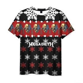 Мужская футболка 3D с принтом Праздничный Megadeth в Новосибирске, 100% полиэфир | прямой крой, круглый вырез горловины, длина до линии бедер | me | megadeth | группа | дирк вербурен | дэвид эллефсон | дэйв мастейн | знак | кико лоурейро | красный | мегадет | метал | надпись | новогодний | новый год | праздник | рождество | рок | снежинки | трэш