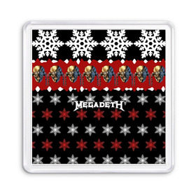 Магнит 55*55 с принтом Праздничный Megadeth в Новосибирске, Пластик | Размер: 65*65 мм; Размер печати: 55*55 мм | Тематика изображения на принте: me | megadeth | группа | дирк вербурен | дэвид эллефсон | дэйв мастейн | знак | кико лоурейро | красный | мегадет | метал | надпись | новогодний | новый год | праздник | рождество | рок | снежинки | трэш