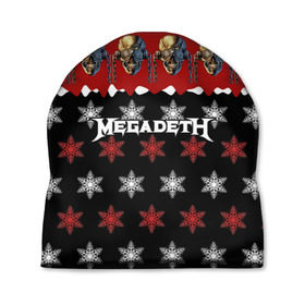 Шапка 3D с принтом Праздничный Megadeth в Новосибирске, 100% полиэстер | универсальный размер, печать по всей поверхности изделия | Тематика изображения на принте: me | megadeth | группа | дирк вербурен | дэвид эллефсон | дэйв мастейн | знак | кико лоурейро | красный | мегадет | метал | надпись | новогодний | новый год | праздник | рождество | рок | снежинки | трэш
