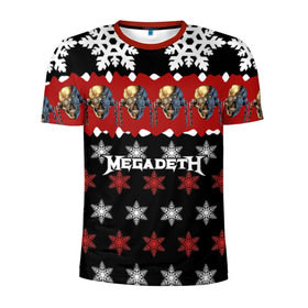 Мужская футболка 3D спортивная с принтом Праздничный Megadeth в Новосибирске, 100% полиэстер с улучшенными характеристиками | приталенный силуэт, круглая горловина, широкие плечи, сужается к линии бедра | me | megadeth | группа | дирк вербурен | дэвид эллефсон | дэйв мастейн | знак | кико лоурейро | красный | мегадет | метал | надпись | новогодний | новый год | праздник | рождество | рок | снежинки | трэш