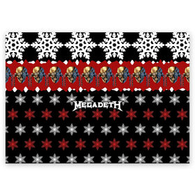 Поздравительная открытка с принтом Праздничный Megadeth в Новосибирске, 100% бумага | плотность бумаги 280 г/м2, матовая, на обратной стороне линовка и место для марки
 | me | megadeth | группа | дирк вербурен | дэвид эллефсон | дэйв мастейн | знак | кико лоурейро | красный | мегадет | метал | надпись | новогодний | новый год | праздник | рождество | рок | снежинки | трэш