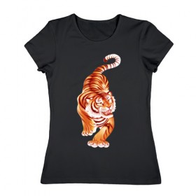 Женская футболка хлопок с принтом Тигр в Новосибирске, 100% хлопок | прямой крой, круглый вырез горловины, длина до линии бедер, слегка спущенное плечо | 