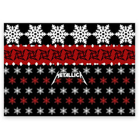 Поздравительная открытка с принтом Metallica в Новосибирске, 100% бумага | плотность бумаги 280 г/м2, матовая, на обратной стороне линовка и место для марки
 | Тематика изображения на принте: metallica | джеймс хэтфилд | кирк хэмметт | ларс ульрих | метал | металика | металлика | новогодний | новый год | роберт трухильо | рождество | рок | снежинки | трэш | трэшметал | хард | хардрок | хеви