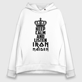 Женское худи Oversize хлопок с принтом Keep calm and listen IM в Новосибирске, френч-терри — 70% хлопок, 30% полиэстер. Мягкий теплый начес внутри —100% хлопок | боковые карманы, эластичные манжеты и нижняя кромка, капюшон на магнитной кнопке | Тематика изображения на принте: iron maiden | адриан смит | айрон мейден | гроза | группа | дэйв мюррей | железная дева | ирон майден | метал | мрачный | музыка | песни | рок | стив харрис | тяжелый | флаг | хеви | хевиметал