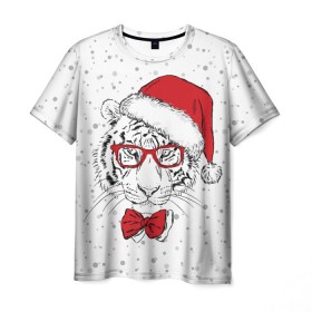 Мужская футболка 3D с принтом Тигр Санта Клаус в Новосибирске, 100% полиэфир | прямой крой, круглый вырез горловины, длина до линии бедер | animal | bow | christmas | holiday | new year | predator | santa claus | snow | tiger | view | winter | бант | взгляд | дед мороз | животное | зима | новый год | очки | праздник | рождество | санта клаус | снег | тигр | хищник