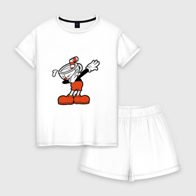 Женская пижама с шортиками хлопок с принтом Cuphead Dab в Новосибирске, 100% хлопок | футболка прямого кроя, шорты свободные с широкой мягкой резинкой | Тематика изображения на принте: 