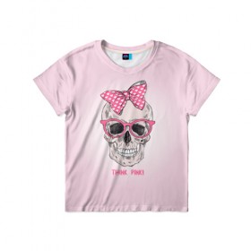 Детская футболка 3D с принтом Think pinki в Новосибирске, 100% гипоаллергенный полиэфир | прямой крой, круглый вырез горловины, длина до линии бедер, чуть спущенное плечо, ткань немного тянется | Тематика изображения на принте: бантик | очки | розовый | череп