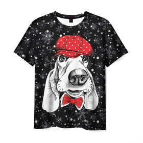Мужская футболка 3D с принтом Бассет-хаунд в Новосибирске, 100% полиэфир | прямой крой, круглый вырез горловины, длина до линии бедер | Тематика изображения на принте: bow | breed | cap | christmas | dog | holiday | new year | red | wint | бант | бассет хаунд | белый | взгляд | горошек | зима | красный | новый год | порода | праздник | рождество | снег | снежинки | собака | фуражка
