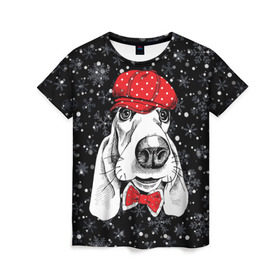Женская футболка 3D с принтом Бассет-хаунд в Новосибирске, 100% полиэфир ( синтетическое хлопкоподобное полотно) | прямой крой, круглый вырез горловины, длина до линии бедер | bow | breed | cap | christmas | dog | holiday | new year | red | wint | бант | бассет хаунд | белый | взгляд | горошек | зима | красный | новый год | порода | праздник | рождество | снег | снежинки | собака | фуражка