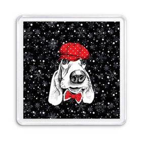 Магнит 55*55 с принтом Бассет-хаунд в Новосибирске, Пластик | Размер: 65*65 мм; Размер печати: 55*55 мм | bow | breed | cap | christmas | dog | holiday | new year | red | wint | бант | бассет хаунд | белый | взгляд | горошек | зима | красный | новый год | порода | праздник | рождество | снег | снежинки | собака | фуражка
