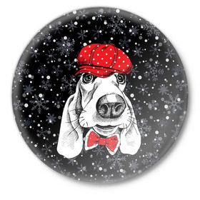Значок с принтом Бассет-хаунд в Новосибирске,  металл | круглая форма, металлическая застежка в виде булавки | bow | breed | cap | christmas | dog | holiday | new year | red | wint | бант | бассет хаунд | белый | взгляд | горошек | зима | красный | новый год | порода | праздник | рождество | снег | снежинки | собака | фуражка
