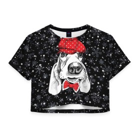 Женская футболка 3D укороченная с принтом Бассет-хаунд в Новосибирске, 100% полиэстер | круглая горловина, длина футболки до линии талии, рукава с отворотами | bow | breed | cap | christmas | dog | holiday | new year | red | wint | бант | бассет хаунд | белый | взгляд | горошек | зима | красный | новый год | порода | праздник | рождество | снег | снежинки | собака | фуражка