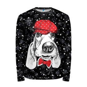 Мужской лонгслив 3D с принтом Бассет-хаунд в Новосибирске, 100% полиэстер | длинные рукава, круглый вырез горловины, полуприлегающий силуэт | bow | breed | cap | christmas | dog | holiday | new year | red | wint | бант | бассет хаунд | белый | взгляд | горошек | зима | красный | новый год | порода | праздник | рождество | снег | снежинки | собака | фуражка