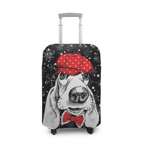 Чехол для чемодана 3D с принтом Бассет-хаунд в Новосибирске, 86% полиэфир, 14% спандекс | двустороннее нанесение принта, прорези для ручек и колес | bow | breed | cap | christmas | dog | holiday | new year | red | wint | бант | бассет хаунд | белый | взгляд | горошек | зима | красный | новый год | порода | праздник | рождество | снег | снежинки | собака | фуражка