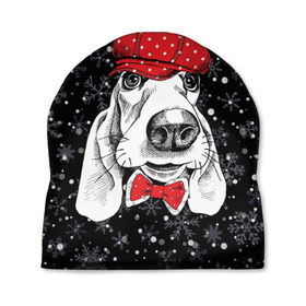 Шапка 3D с принтом Бассет-хаунд в Новосибирске, 100% полиэстер | универсальный размер, печать по всей поверхности изделия | Тематика изображения на принте: bow | breed | cap | christmas | dog | holiday | new year | red | wint | бант | бассет хаунд | белый | взгляд | горошек | зима | красный | новый год | порода | праздник | рождество | снег | снежинки | собака | фуражка