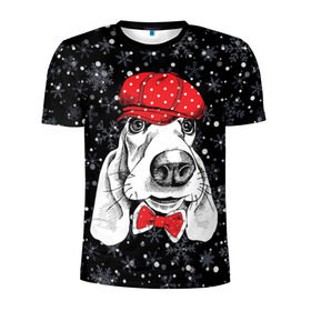 Мужская футболка 3D спортивная с принтом Бассет-хаунд в Новосибирске, 100% полиэстер с улучшенными характеристиками | приталенный силуэт, круглая горловина, широкие плечи, сужается к линии бедра | bow | breed | cap | christmas | dog | holiday | new year | red | wint | бант | бассет хаунд | белый | взгляд | горошек | зима | красный | новый год | порода | праздник | рождество | снег | снежинки | собака | фуражка