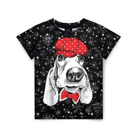 Детская футболка 3D с принтом Бассет-хаунд в Новосибирске, 100% гипоаллергенный полиэфир | прямой крой, круглый вырез горловины, длина до линии бедер, чуть спущенное плечо, ткань немного тянется | bow | breed | cap | christmas | dog | holiday | new year | red | wint | бант | бассет хаунд | белый | взгляд | горошек | зима | красный | новый год | порода | праздник | рождество | снег | снежинки | собака | фуражка