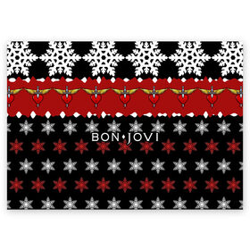 Поздравительная открытка с принтом Праздничный Bon Jovi в Новосибирске, 100% бумага | плотность бумаги 280 г/м2, матовая, на обратной стороне линовка и место для марки
 | bon | jovi | бон | группа | джови | новогодний | новый год | праздник | рождество | рок | снежинки
