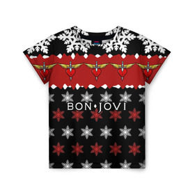 Детская футболка 3D с принтом Праздничный Bon Jovi в Новосибирске, 100% гипоаллергенный полиэфир | прямой крой, круглый вырез горловины, длина до линии бедер, чуть спущенное плечо, ткань немного тянется | bon | jovi | бон | группа | джови | новогодний | новый год | праздник | рождество | рок | снежинки