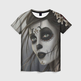 Женская футболка 3D с принтом Skull в Новосибирске, 100% полиэфир ( синтетическое хлопкоподобное полотно) | прямой крой, круглый вырез горловины, длина до линии бедер | halloween | skull | sugar skull | мексика | хэллоуин | череп