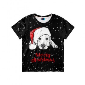 Детская футболка 3D с принтом Собака Санта в Новосибирске, 100% гипоаллергенный полиэфир | прямой крой, круглый вырез горловины, длина до линии бедер, чуть спущенное плечо, ткань немного тянется | дед мороз | зима | новогодний | рождество | снег | шапка