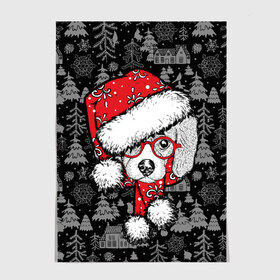 Постер с принтом Собака, Санта в Новосибирске, 100% бумага
 | бумага, плотность 150 мг. Матовая, но за счет высокого коэффициента гладкости имеет небольшой блеск и дает на свету блики, но в отличии от глянцевой бумаги не покрыта лаком | дед мороз | новогодний | рождество | шапка | шарф