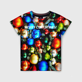 Детская футболка 3D с принтом Merry Christmas в Новосибирске, 100% гипоаллергенный полиэфир | прямой крой, круглый вырез горловины, длина до линии бедер, чуть спущенное плечо, ткань немного тянется | Тематика изображения на принте: christmas | new year | новый год | рождество
