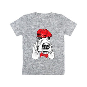 Детская футболка хлопок с принтом Бассет-хаунд в Новосибирске, 100% хлопок | круглый вырез горловины, полуприлегающий силуэт, длина до линии бедер | bow | breed | cap | christmas | dog | holiday | new year | red | wint | бант | бассет хаунд | в горошек | новый год | порода | рождество | фуражка