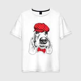 Женская футболка хлопок Oversize с принтом Бассет-хаунд в Новосибирске, 100% хлопок | свободный крой, круглый ворот, спущенный рукав, длина до линии бедер
 | bow | breed | cap | christmas | dog | holiday | new year | red | wint | бант | бассет хаунд | в горошек | новый год | порода | рождество | фуражка