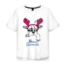 Мужская футболка хлопок Oversize с принтом Бульдог Олень в Новосибирске, 100% хлопок | свободный крой, круглый ворот, “спинка” длиннее передней части | Тематика изображения на принте: breed | bulldog | christmas | deer | dog | holiday | horns | ne | santa claus | scarf | snow | snowflakes | winter | бульдог | дед мороз | зима | новый год | олень | очки | порода | праздник | рога | рождество | санта клаус | снег | снежинки | с