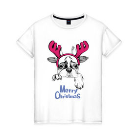 Женская футболка хлопок с принтом Бульдог Олень в Новосибирске, 100% хлопок | прямой крой, круглый вырез горловины, длина до линии бедер, слегка спущенное плечо | breed | bulldog | christmas | deer | dog | holiday | horns | ne | santa claus | scarf | snow | snowflakes | winter | бульдог | дед мороз | зима | новый год | олень | очки | порода | праздник | рога | рождество | санта клаус | снег | снежинки | с
