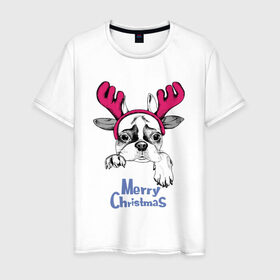Мужская футболка хлопок с принтом Бульдог Олень в Новосибирске, 100% хлопок | прямой крой, круглый вырез горловины, длина до линии бедер, слегка спущенное плечо. | breed | bulldog | christmas | deer | dog | holiday | horns | ne | santa claus | scarf | snow | snowflakes | winter | бульдог | дед мороз | зима | новый год | олень | очки | порода | праздник | рога | рождество | санта клаус | снег | снежинки | с
