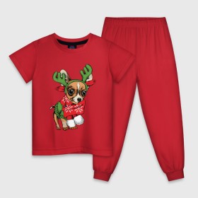 Детская пижама хлопок с принтом Год собаки в Новосибирске, 100% хлопок |  брюки и футболка прямого кроя, без карманов, на брюках мягкая резинка на поясе и по низу штанин
 | Тематика изображения на принте: christmas | deer | dog | holiday | horns | new year | scarf | snow | snowflakes | sweater | winter | зима | новый год | олень | праздник | рога | рождество | свитер | снег | снежинки | собака | шарф