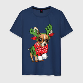 Мужская футболка хлопок с принтом Год собаки в Новосибирске, 100% хлопок | прямой крой, круглый вырез горловины, длина до линии бедер, слегка спущенное плечо. | christmas | deer | dog | holiday | horns | new year | scarf | snow | snowflakes | sweater | winter | зима | новый год | олень | праздник | рога | рождество | свитер | снег | снежинки | собака | шарф
