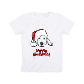 Детская футболка хлопок с принтом Собака Санта в Новосибирске, 100% хлопок | круглый вырез горловины, полуприлегающий силуэт, длина до линии бедер | christmas | dog | holiday | new year | santa claus | santa hat | snow | snowflakes | winter | дед мороз | зима | новый год | праздник | рождество | санта клаус | снег | снежинки | собака | шапка