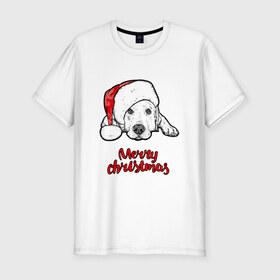 Мужская футболка премиум с принтом Собака Санта в Новосибирске, 92% хлопок, 8% лайкра | приталенный силуэт, круглый вырез ворота, длина до линии бедра, короткий рукав | christmas | dog | holiday | new year | santa claus | santa hat | snow | snowflakes | winter | дед мороз | зима | новый год | праздник | рождество | санта клаус | снег | снежинки | собака | шапка