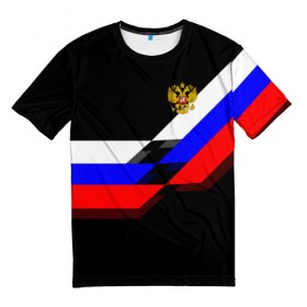 Мужская футболка 3D с принтом RUSSIA - Black Collection в Новосибирске, 100% полиэфир | прямой крой, круглый вырез горловины, длина до линии бедер | Тематика изображения на принте: russia | герб | россия | триколор | флаг
