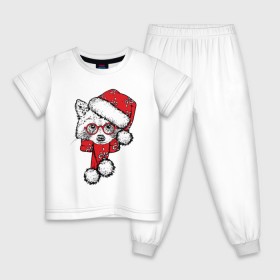 Детская пижама хлопок с принтом Енот Санта в Новосибирске, 100% хлопок |  брюки и футболка прямого кроя, без карманов, на брюках мягкая резинка на поясе и по низу штанин
 | Тематика изображения на принте: christmas | father christmas | hat | holiday | new year | raccoon | santa claus | scarf | snow | snowflakes | winter | дед мороз | енот | зима | новый год | очки | праздник | рождество | санта клаус | снег | снежинки | шапка | шарф