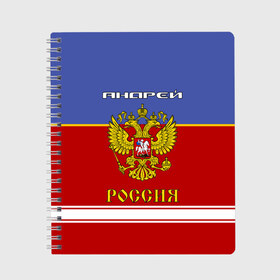 Тетрадь с принтом Хоккеист Андрей в Новосибирске, 100% бумага | 48 листов, плотность листов — 60 г/м2, плотность картонной обложки — 250 г/м2. Листы скреплены сбоку удобной пружинной спиралью. Уголки страниц и обложки скругленные. Цвет линий — светло-серый
 | Тематика изображения на принте: russia | андре | андрей | андрюха | андрюша | герб россии | россия | рф | форма хоккейная | хоккей