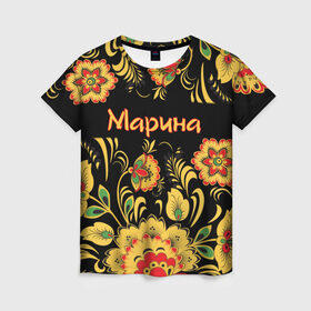 Женская футболка 3D с принтом Марина, роспись под хохлому в Новосибирске, 100% полиэфир ( синтетическое хлопкоподобное полотно) | прямой крой, круглый вырез горловины, длина до линии бедер | древнерусские | марина | маринка | орнамент | славянский | узор | хохлома | цветочки | цветы