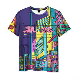 Мужская футболка 3D с принтом Токио в Новосибирске, 100% полиэфир | прямой крой, круглый вырез горловины, длина до линии бедер | Тематика изображения на принте: азия | буквы | вывески | иероглифы | кислота | мегаполис | неон | неонуар | флуо | япония | яркий
