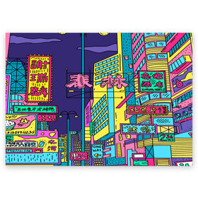 Поздравительная открытка с принтом Токио в Новосибирске, 100% бумага | плотность бумаги 280 г/м2, матовая, на обратной стороне линовка и место для марки
 | азия | буквы | вывески | иероглифы | кислота | мегаполис | неон | неонуар | флуо | япония | яркий
