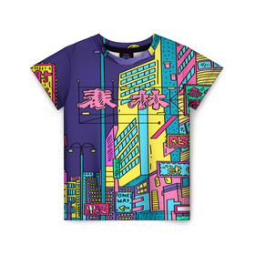 Детская футболка 3D с принтом Токио в Новосибирске, 100% гипоаллергенный полиэфир | прямой крой, круглый вырез горловины, длина до линии бедер, чуть спущенное плечо, ткань немного тянется | Тематика изображения на принте: азия | буквы | вывески | иероглифы | кислота | мегаполис | неон | неонуар | флуо | япония | яркий
