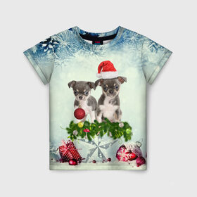 Детская футболка 3D с принтом Милые собачки в Новосибирске, 100% гипоаллергенный полиэфир | прямой крой, круглый вырез горловины, длина до линии бедер, чуть спущенное плечо, ткань немного тянется | christmas | new year | год собаки | елка | елочки | новогодний | новый год | рождество | снег | снежинки | собака