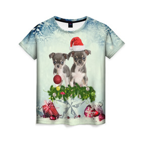 Женская футболка 3D с принтом Милые собачки в Новосибирске, 100% полиэфир ( синтетическое хлопкоподобное полотно) | прямой крой, круглый вырез горловины, длина до линии бедер | christmas | new year | год собаки | елка | елочки | новогодний | новый год | рождество | снег | снежинки | собака